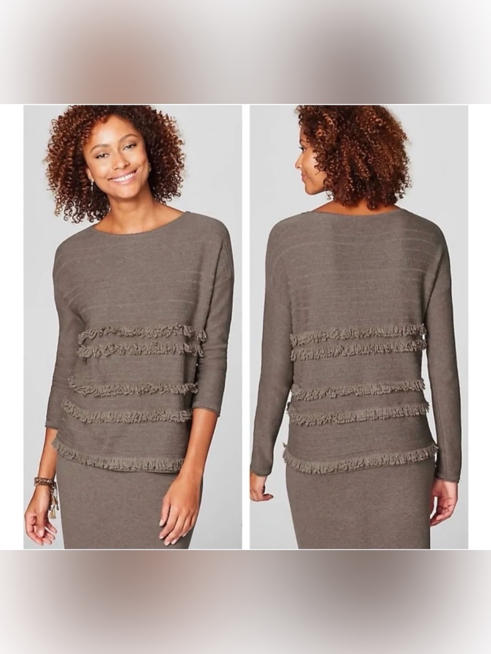 J.Jill Faye Fringed Boatneck Sweater Medium Mocha Heather